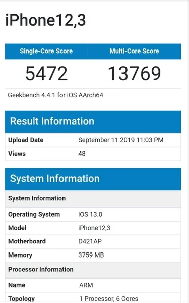 iPhone 11 GeekBench跑分公布：单核5472、多核13769
