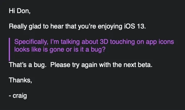 苹果回应iOS 13中3D Touch不可用：是BUG、下一测试版修复